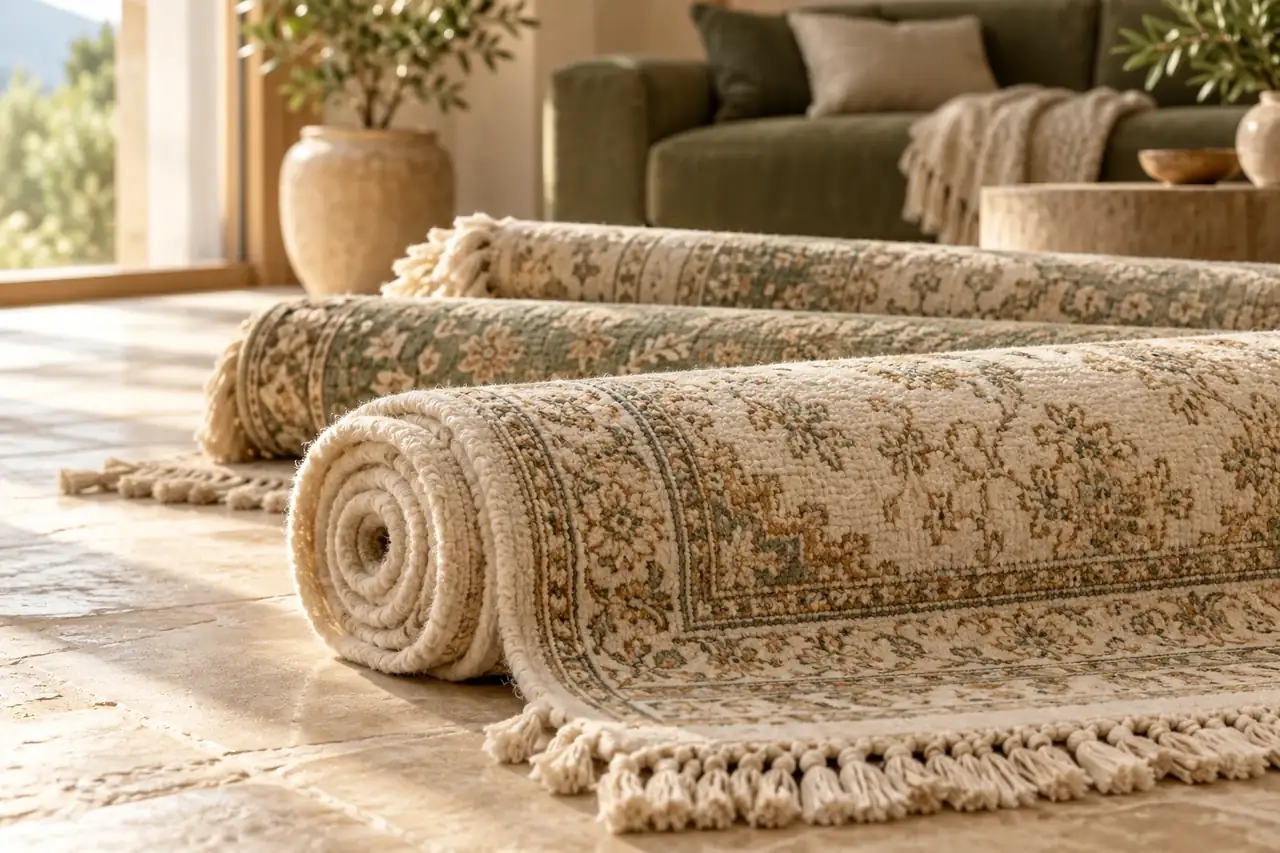 Rulo yapılmış temiz halılar